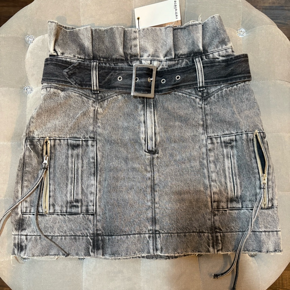 Retrofete Gray Washed Denim Mini Skirt with Belt